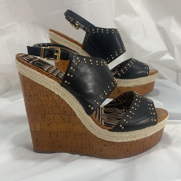 JESSICA Simpson Geno Cork look Platform Wedge Leather Studded Buckle Size 10B - Picture 4 of 12